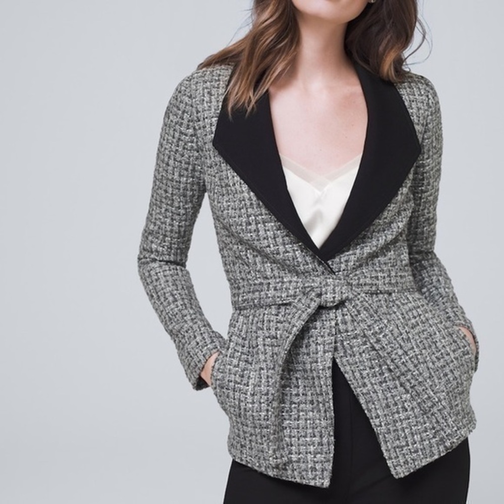White house black market belted tweed black and gray jacket nwt